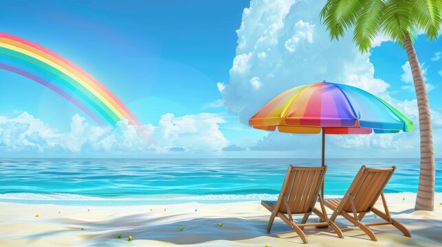Beach summer on island vacation holiday relax in the sun on their deck chairs under a rainbow umbrella.