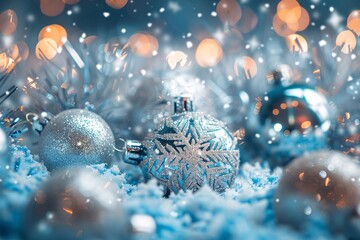 a silver and blue ornaments on snow - obrazy, fototapety, plakaty
