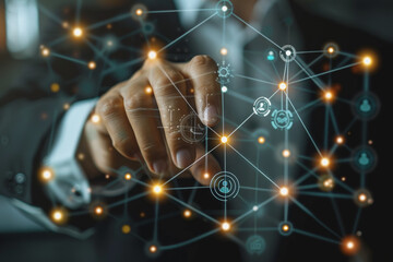 Fototapeta premium Man hand touching Global Internet connection. Financial and Digital link tech big data. AI Generated.
