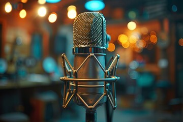 In a professional radio studio, a microphone awaits for a musical performance broadcast.