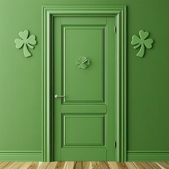 St. Patrick's Day front porch background, modern style, white door with no decorations on the door, surrounded by St. Patrick's Day related decorations, iconic, precisely realistic, vibrant, bold and 