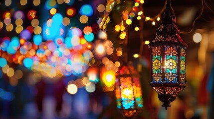 A group of arabic candle lanterns enlighten the festive atmosphere of Eid with an image of colorful decorations, twinkling lights, and vibrant bunting adorning homes and streets. - obrazy, fototapety, plakaty