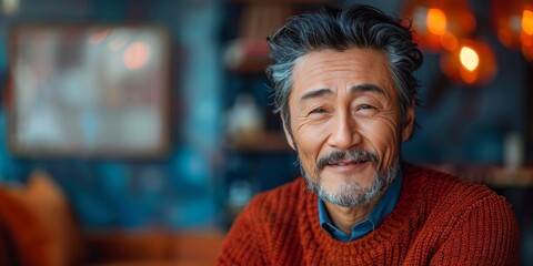 A confident, retired Japanese senior man sits comfortably, exuding vitality and happiness. - obrazy, fototapety, plakaty