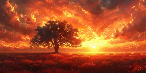 Papier Peint photo Lavable Rouge violet A vibrant sunrise paints the sky, illuminating a solitary tree in a lush meadow.