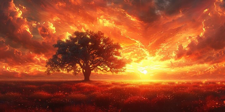 A vibrant sunrise paints the sky, illuminating a solitary tree in a lush meadow.