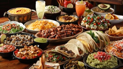 culinary delights of Cinco de Mayo with a table overflowing with traditional Mexican dishes such as tacos, enchiladas, guacamole, and margaritas,in a fiesta of flavors and spices. - obrazy, fototapety, plakaty