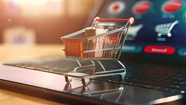 Shopping cart on laptop keyboard. Online shopping and digital marketing concept. Design for web banner, e-commerce advertisement