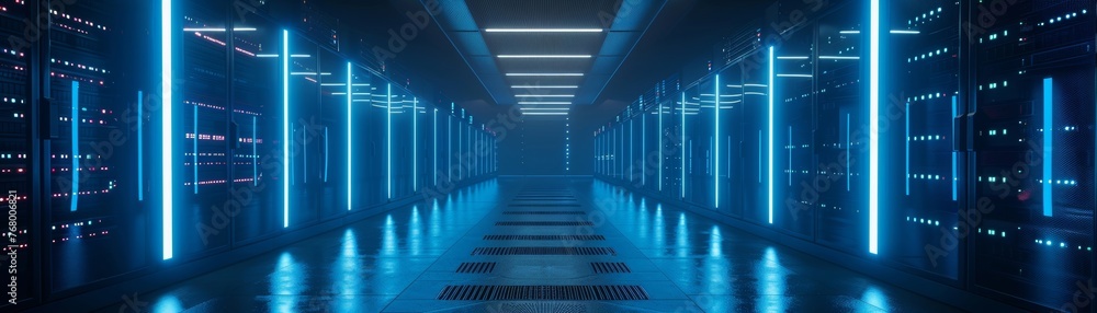Poster an advanced data facility features neatly organized server racks in a dimly lit environment, accentu