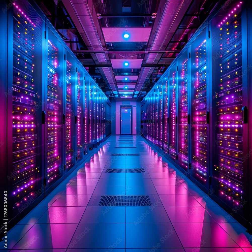 Poster an advanced data facility features neatly organized server racks in a dimly lit environment, accentu