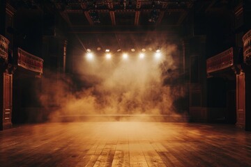 The dark room of the theater with spotlights and smoke, in a vintage retro style, empty stage for a show or presentation Generative AI - obrazy, fototapety, plakaty