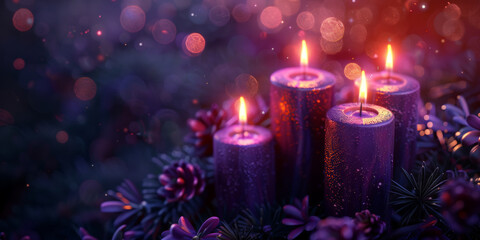 Obraz na płótnie Canvas purple candles with sparkles on dark blur background, banner