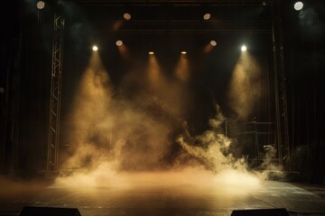 The stage of the theater is dark, illuminated by spotlights and smoke in front of it Generative AI