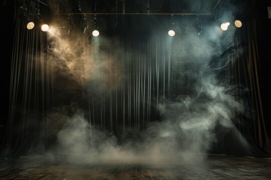Elegant theater stage with spotlights and black curtains, illuminated in the style of soft light from vintage lamps, creating smoke clouds Generative AI