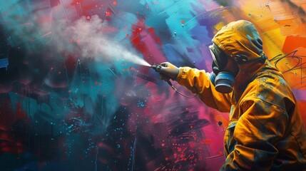 Graffiti artist with mask in a colorful scene, generating ai
