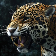 Fototapeta premium Jaguar snarling with open mouth in a dark environment jaguar,