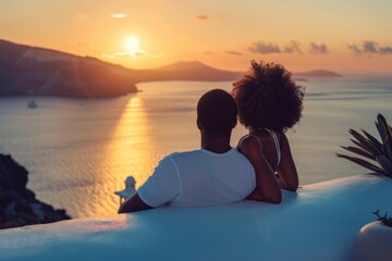 Romantic sunset view from a Santorini balcony, ideal for honeymoon travel. Luxury lifestyle getaway...