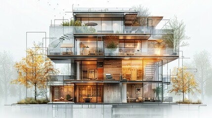 Design concept of a smart building. Engineering of smart building's autonomous control system. Communication design of an apartment house. Architectural drawing, blueprint of its facade