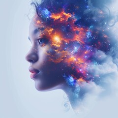 An enchanting and imaginative digital artwork showcasing a stunning woman overlaid with a dynamic burst of digital colors or cosmic design, crafted through artificial intelligence technology