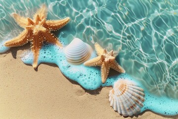 Fototapeta na wymiar Starfish and seashell on the summer beach in sea water. Summer background. Summer time. generative ai.