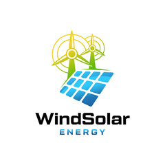 renewable energy icon with wind turbine, solar panel and sun isolated on white background, logo vector illustration.
