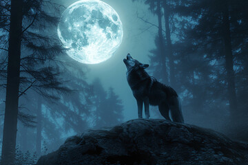 Howling Wolf Dark Background. Full Moon and the Wilderness. 