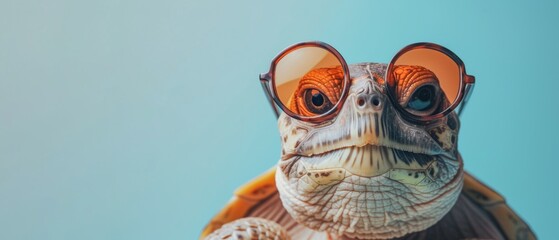 Funny animal, birthday party celebration greeting card - A funny turtle with sunglasses, isolated on blue background banner