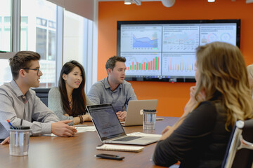 Businessmen sit in a meeting and analyze profits with graphs displayed on a screen in the office.