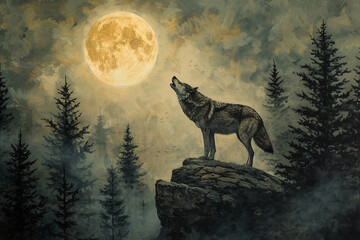 Howling Wolf Dark Background. Full Moon and the Wilderness. 