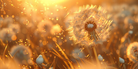 Dandelion seeds blowing in the wind on sunset background with copy space. Goodbye Summer. Hope and dreaming concept. Fragility. Springtime,banner