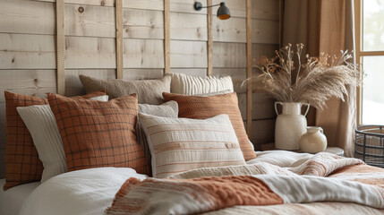  rustic bedroom arrangement with a layered assortment of throw pillows and a quilted blanket in earthy tones, imparting a warm and inviting feel to the space