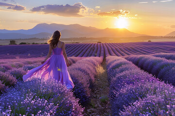 Woman in lavender flowers field at sunset in purple dress. France, Provence.
