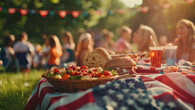 Picnic basket with food on American flag blanket. Independence Day celebration concept. 