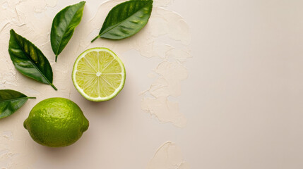 Whole and sliced lime on a textured cream background. - obrazy, fototapety, plakaty