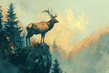 a elk standing on a cliff - obrazy, fototapety, plakaty