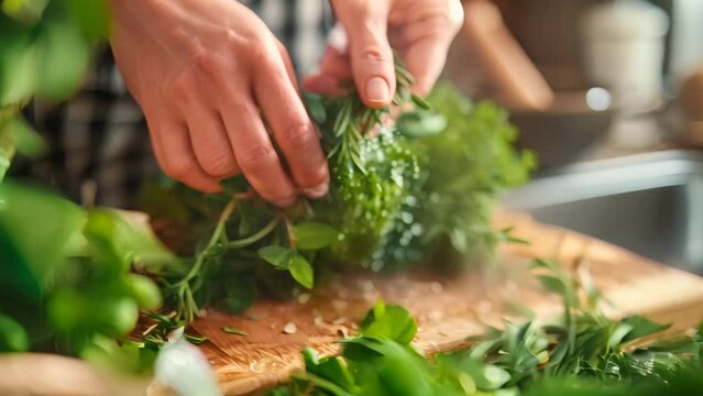 Person chopping fresh herbs on wooden cutting board. Culinary arts and cooking concept for design and print.