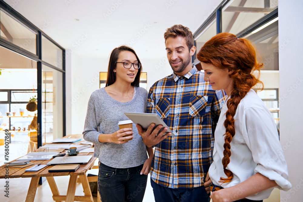 Poster tablet, planning or designers in startup for teamwork or collaboration with technology in creative c