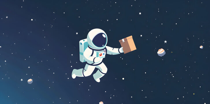 Astronaut with box delivery in space flat illustration 
