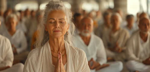Portrait of mature woman practicing meditation on yoga class in group. Generative AI - 768008009