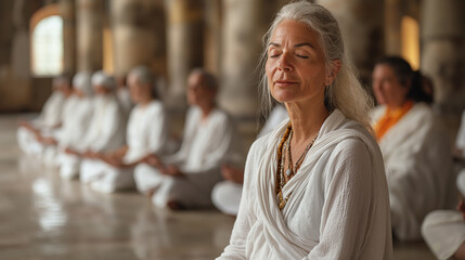Portrait of mature woman practicing meditation on yoga class in group. Generative AI - 768008063