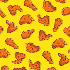 Crispy drumstick, wing and breast fried chicken seamless pattern. Fast food pattern background
