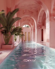 A indoor beautiful pool in a minimalist arabic style construction in pink tones with palm trees