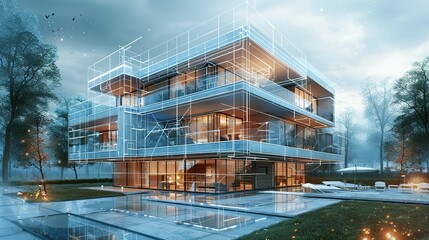 Obraz premium Design concept of a smart building. Engineering of smart building's autonomous control system. Communication design of an apartment house. Architectural drawing, blueprint of its facade