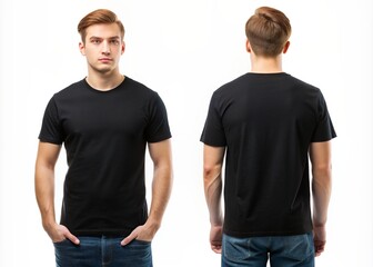 Young male in blank black t-shirt, front and back view, isolated white background. Design men tshirt template and mockup for print