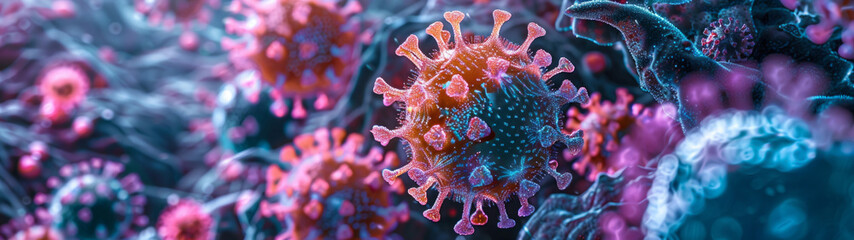 A close up of a virus with a pinkish purple color