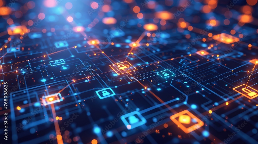 Poster a network of nodes connected by glowing lines, with nodes shaped like legal documents and digital lo