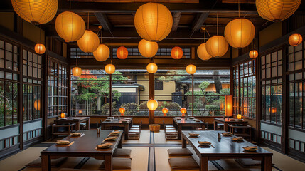 An authentic Japanese restaurant scene featuring traditional wooden décor, low tables with floor seating, and paper lanterns casting a warm glow, inviting patrons to savor the flavors of Japan - obrazy, fototapety, plakaty