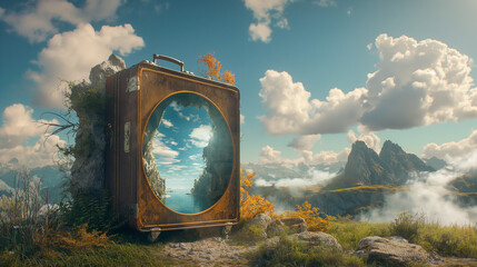 creative advertising for a travel agency, a suitcase turned into a magical portal through which travelers find themselves in fantastic landscapes and exotic places.