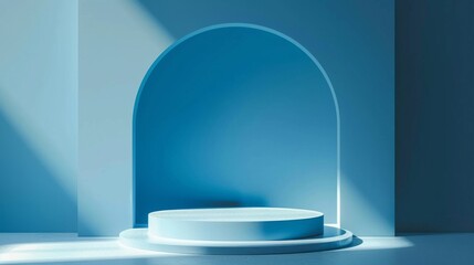 an image featuring a sleek, minimalist podium display pedestal, centrally positioned against a serene, solid blue background