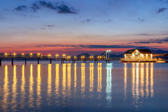 The sunset view of the sea at Silan Beach Cafe in Sacheon, South Gyeongsang Province, South Korea.