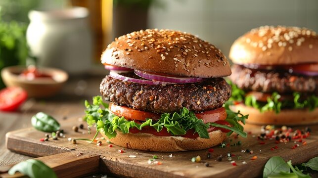 an image contrasting traditional and plant-based burgers, with the plant-based option in the foreground, emphasizing the texture and appealing presentation, set against a modern.